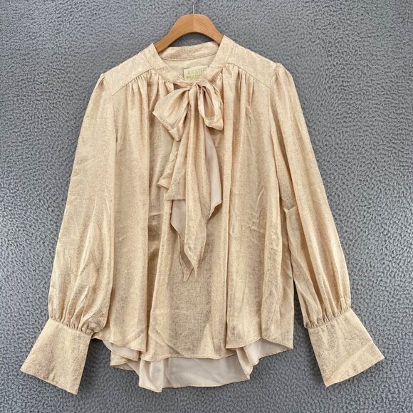 Judith March Top Womens Large Gold Shimmer Long Sleeve Tie Neck Ruched Blouse - Picture 1 of 10
